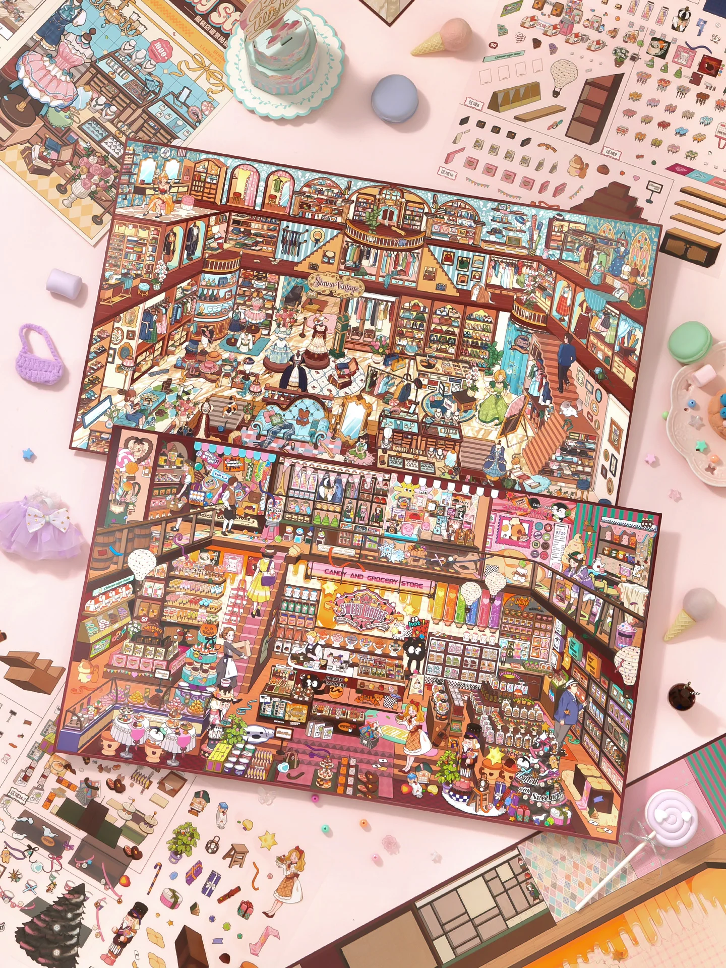 9 Stück PET-Aufkleber „Miniature Town“, Vintage-Aufkleber für Kaufhaus- und Lebensmittelgeschäftszubehör – Detail 1
