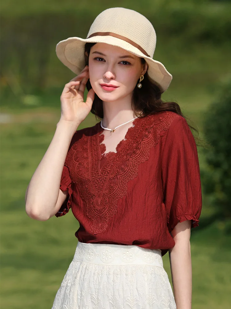 I BELIEVE YOU French Shirts Women 2024 Summer V-neck Red Lace Short-sleeved New Chic Retro Half-sleeved Gentle Blouse 2241055681