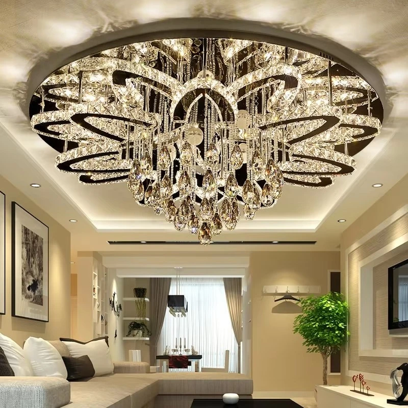 

Led Modern Crystal Stainless Steel Round Dimmable Rgb Chandelier Lighting De Techo For Foyer