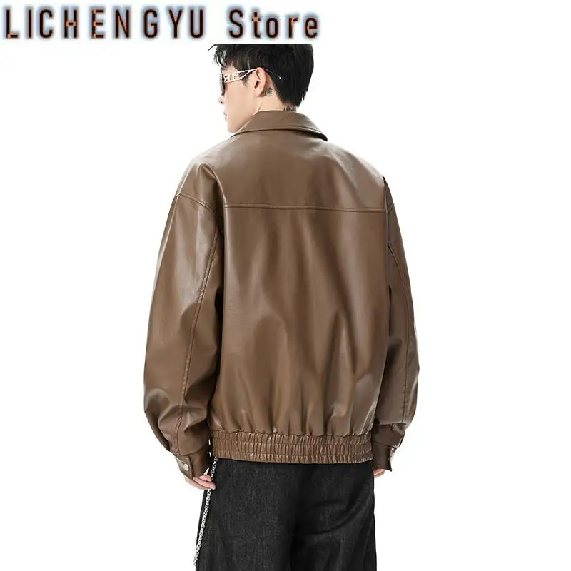 American High Street Cool Retro Autumn Turn-Down Collar PU Leather Men's Jackets 2025 Korea Fashion Solid Color Pocket Male Tops