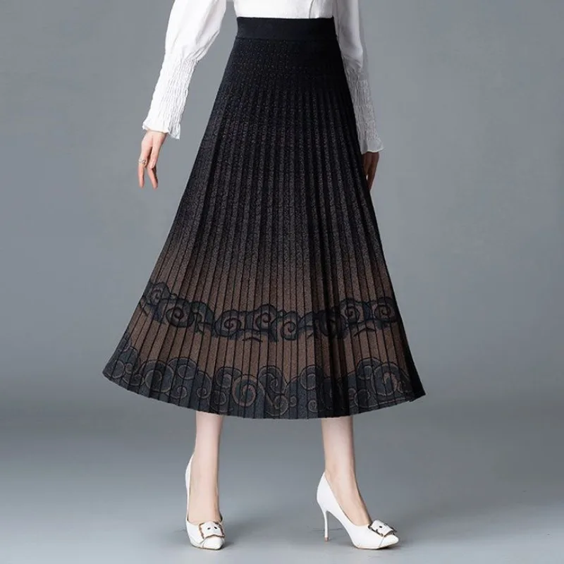 Women High Waist Pleated Midi Skirt Lace Splice Gradient Mesh A Line Elegant Long Skirt
