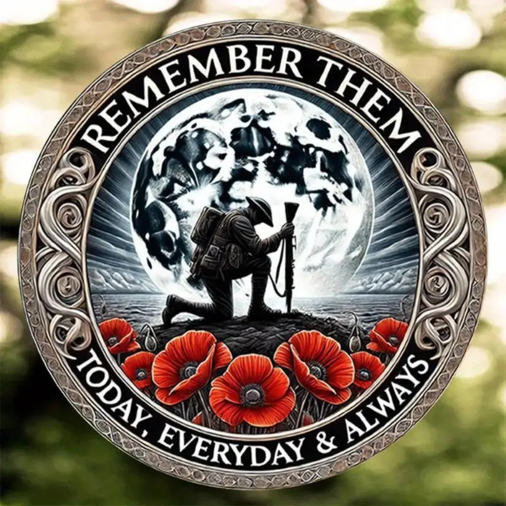 لافتة معدنية عسكرية عتيقة من الألومنيوم - شكل دائري مقاس 8 بوصات، تتميز بـ "تذكرهم دائمًا، اليوم وكل يوم"
