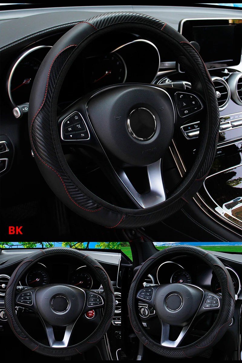 Auto Lenkrad Abdeckung Atmungsaktive Anti Slip PU Leder Lenkung Abdeckungen Geeignet 37-38,5 cm Auto Dekoration Carbon Faser – Detail 1