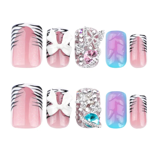 Zebra Print French Press On Nails, 3D Butterfly Rhinestone False Nails