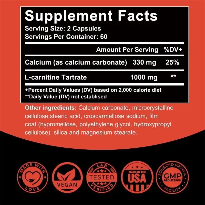 L-Carnitine Capsules - Promotes Muscle Growth, Provides Energy, Relieves Fatigue, and Enhances Memory and Concentration