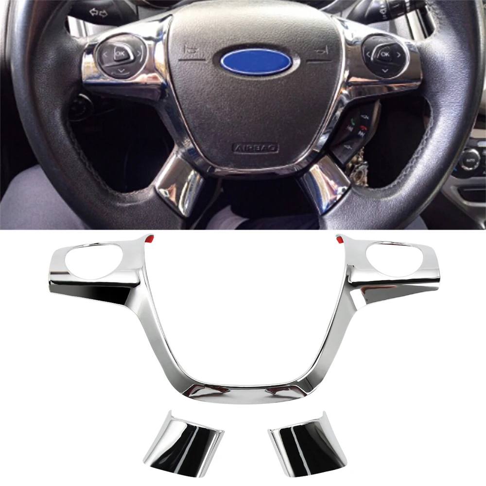 ABS Chrome carbon fiber Steering Wheel Cover Sequin Trim Sticker for Ford Focus 3 Mk3 Kuga Escape 2012 2013 2014 2015 3Pcs/Set