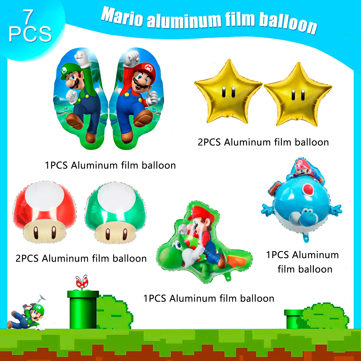 Party Decorations Balloons,7pcs Balloons Including Mushroom Foil Balloon & Star Foil Balloons etc for Boys Kids Party