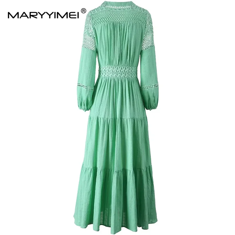 MARYYIMEI Autumn Winter Women\'s Dress Long-Sleeved Hollow Out V-Neck Single-Breasted New Fashion Cotton Big Swing S-3XL Dresses