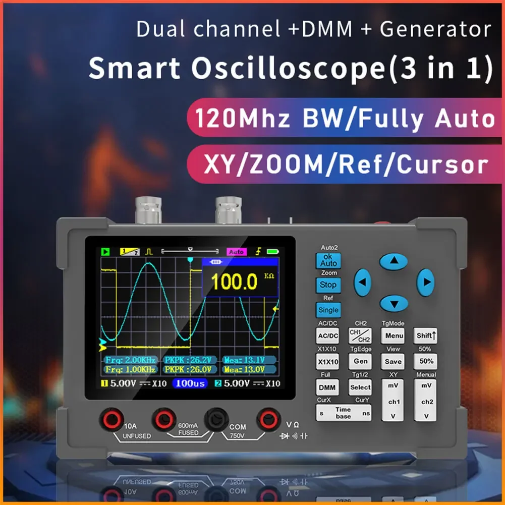 DSO3D12 3 in 1 Digital Oscilloscope Dual Channels 120Mhz Bandwidth Portable Digital Osiclloscopes Multimeter Waveform Generator