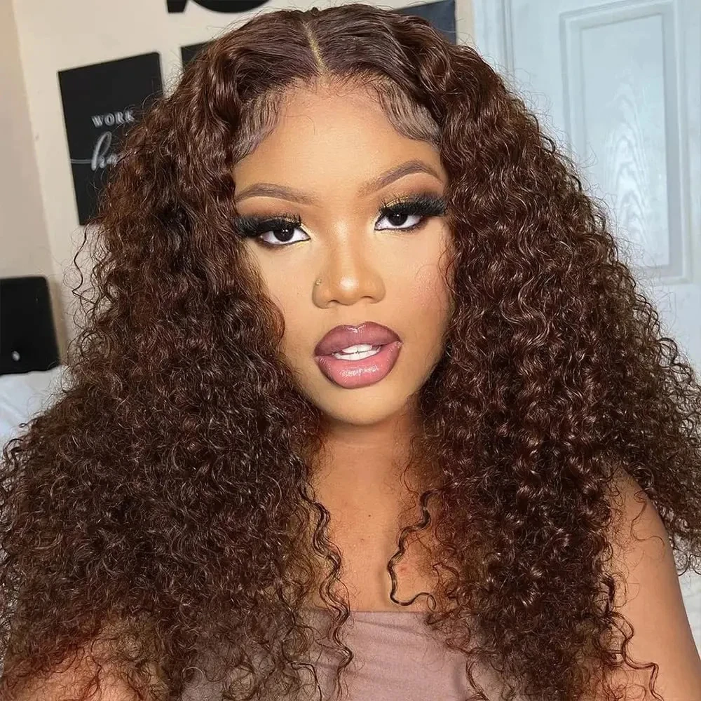 

Chocolate Brown #4 Bob Wig Deep Wave 13x4 Lace Frontal Wig 150% Density Human Hair Wigs Pre Plucked Water Wave Curly Bob Wigs