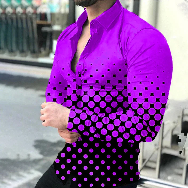 2024 Spring Men\'s Casual Long Sleeve Shirt Single Breasted Digital 3D Printed Polka Dot Lapel Shirt 6XL Party Shirt 14 Colors