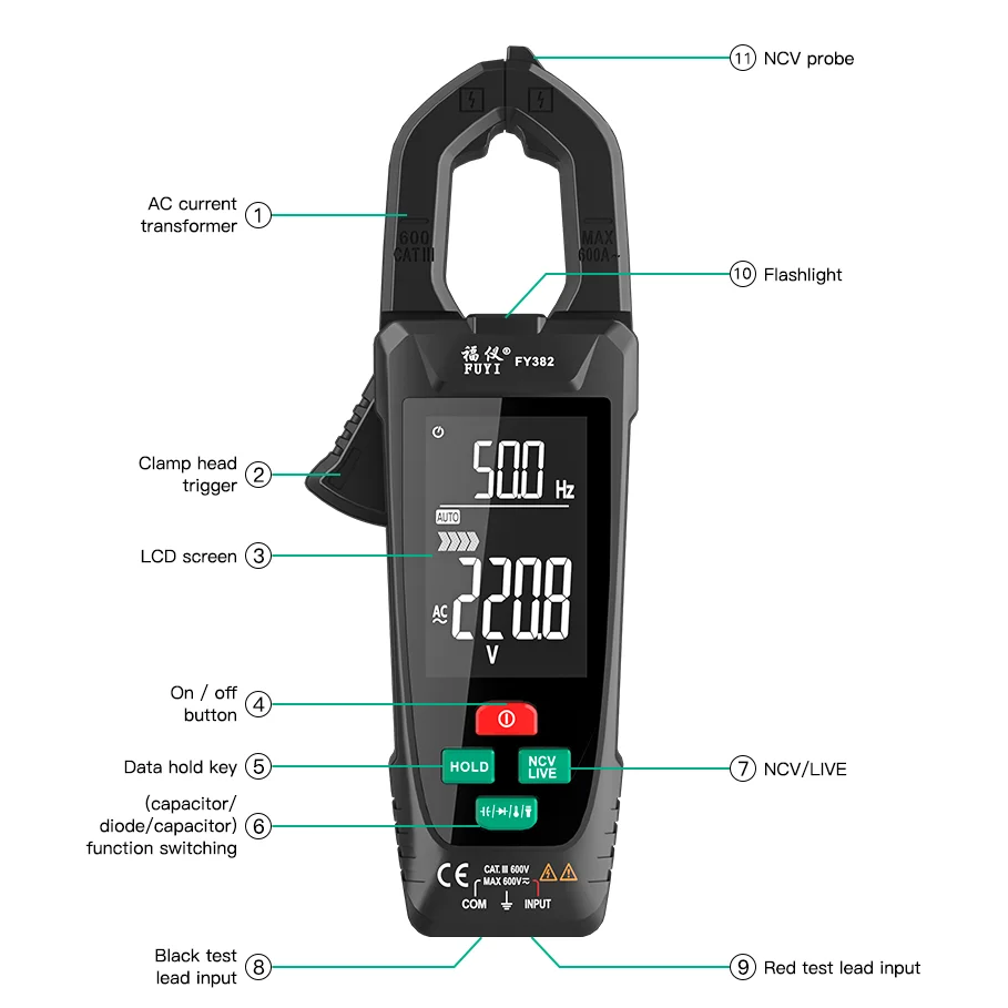 Mastfuyi Digitale Klemmeter 9999 Telt Wisselstroomklem True Rms Auto Range Temp Capaciteit Ohm Hz Ampèremeter Tang