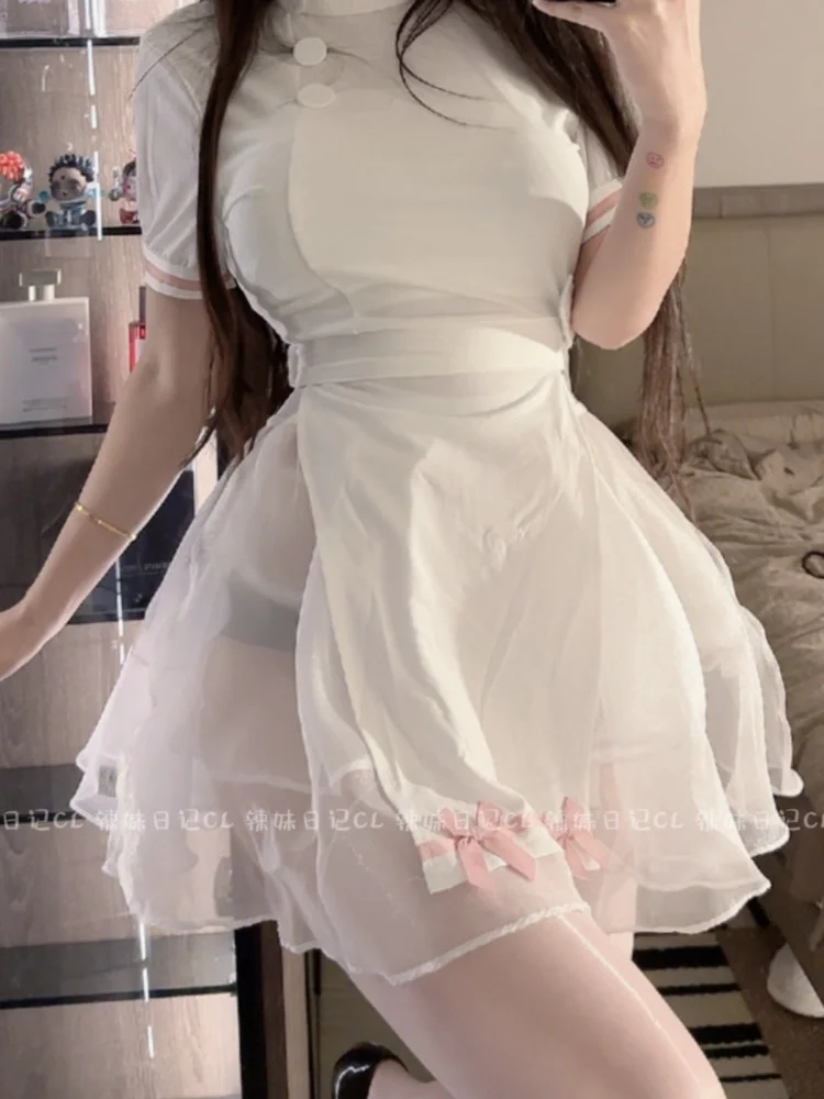 Fashion Sweet Fairy Mini Dress White Spice Girl Sexy Transparent Sheer Bowknot Yarn Hollow Out Dresses Cosplay V785