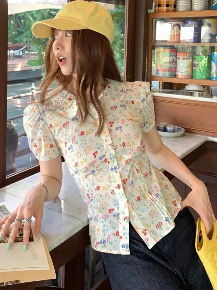 

Floral Women Sweet Shirt Casual Short Sleeve Slim Vintage Blouse Korean Elegant Summer All Match Female Retro Tops New