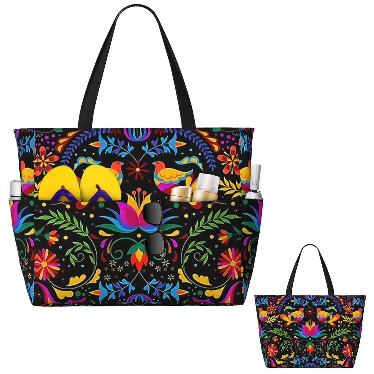 Mexican Flowers And Birds Beach Tote Bag Sport Gym Yoga Duffle Large Tote Bag Women Travel Bag Fitness bag