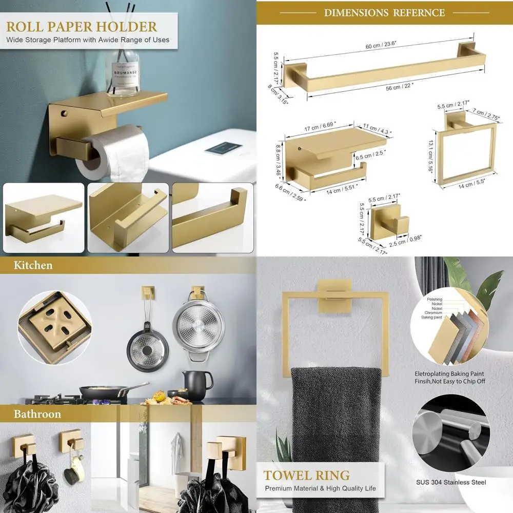 

Набор настенных золотых держателей для полотенец 23.6 (6 предметов): двойная перекладина, кольцо, крючок и держатель для туалетной бумаги