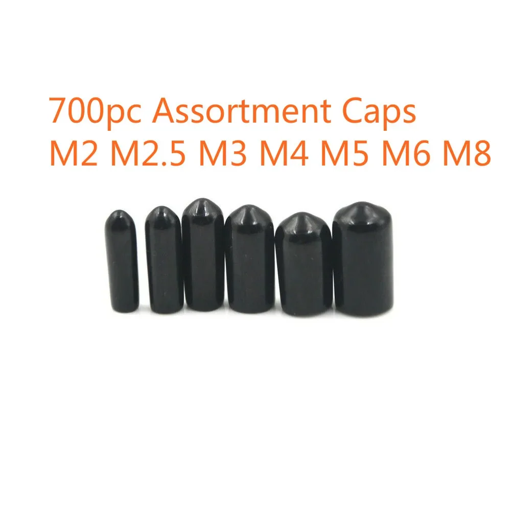 700pcs Rubber Round End Cap Cover for Pipe Tube Hub Screw Thread Protector Push-fit Caps Black Assortment M2 M2.5 M3 M4 M5 M6 M8