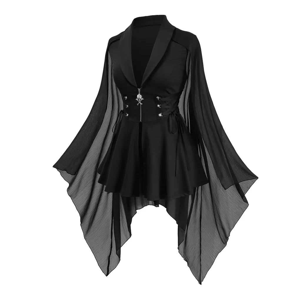 מעילים גותיים ROSEGAL לנשים במידה גדולה שחורים עם קשירת תחרה, רוכסן גולגולת, שרוולי עטלף משיפון, מעילים לאביב ולסתיו SY2