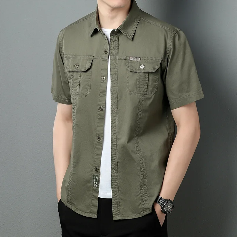 Men'sNew Summer Thin Short Sleeve Shirt Jacket Men's Solid Color Casual Cotton Outdoor Working Shirt Top
