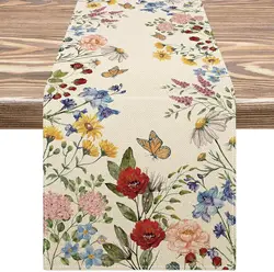 Spring Watercolor Wildflower Linen Table Runner for Holiday Wedding Party Decor Spring Vintage Table Runners Dresser Scarf Decor