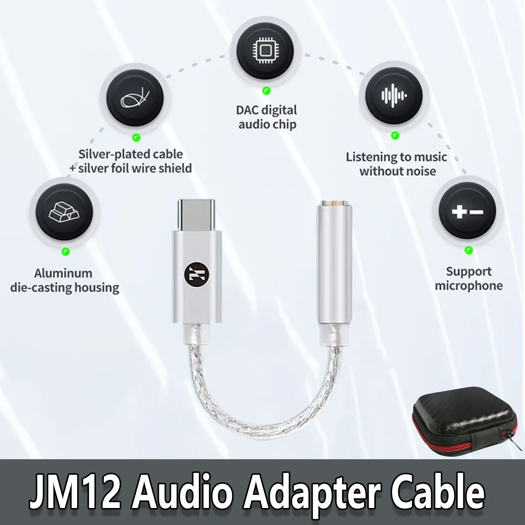 JCALLY JM12 Ear Amp Chip DAC de áudio de alta resolução/DSD128 KT02H20 Tipo-C para 3,5 mm 32 bits 384 KHz Adaptador de áudio digital portátil