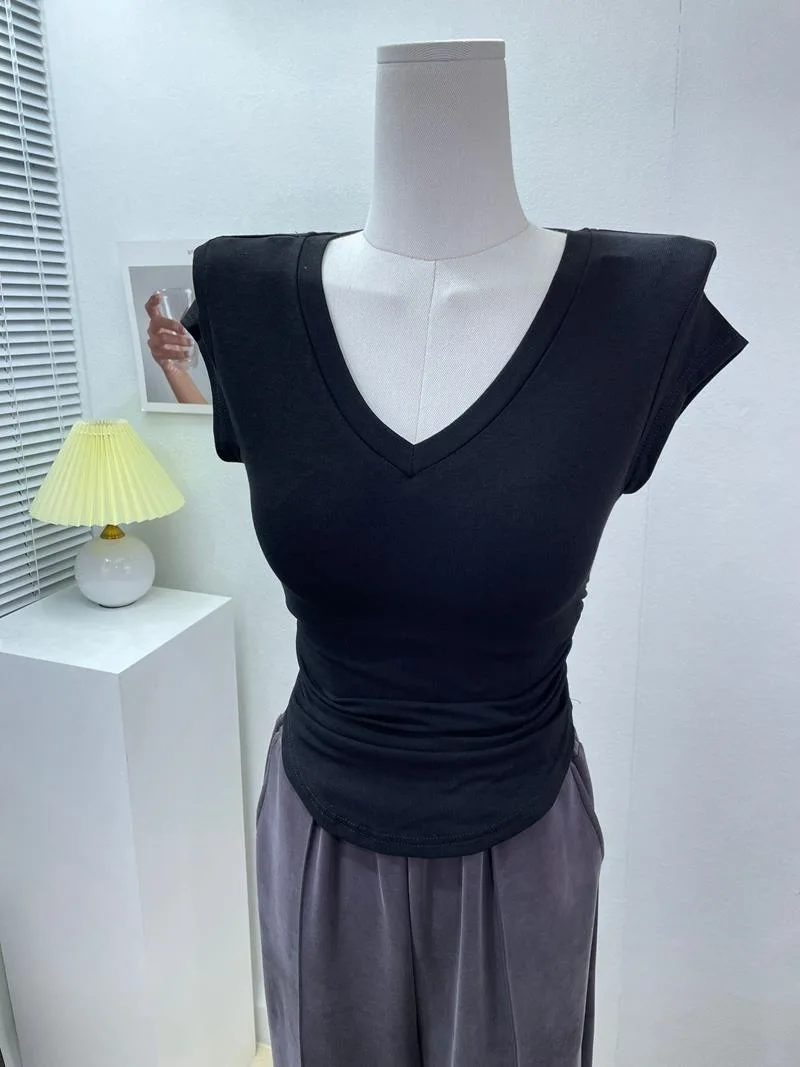 Basecoat Top Summer Simple Versatile V-neck Short Sleeve T-shirt Women Korean Fit T-shirt