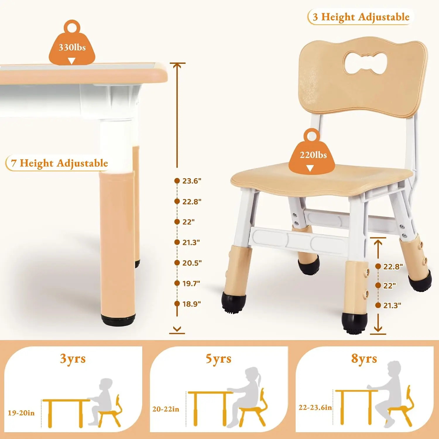 Kids Table and 6 Chairs Set, Height Adjustable Graffiti Desk, Preschool Activity Art Craft Table, for Daycare, Customized