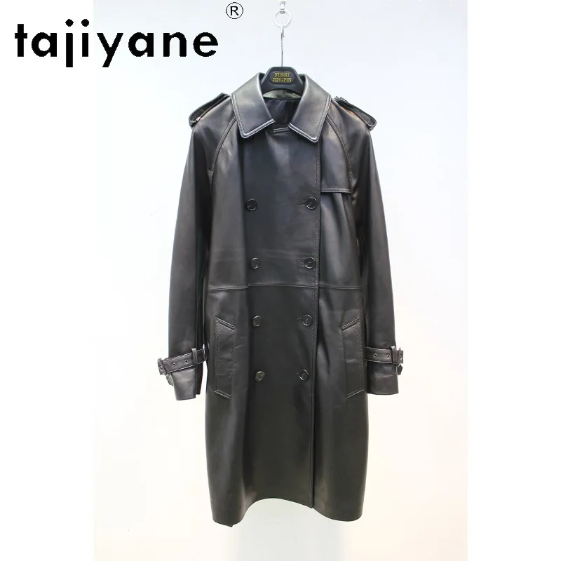 TAJIYANE 100% Sheepskin Genuine Leather Jacket Women Trench Coat Vintage Double Breasted Mid-Length Outerwear Black Jackets 2026