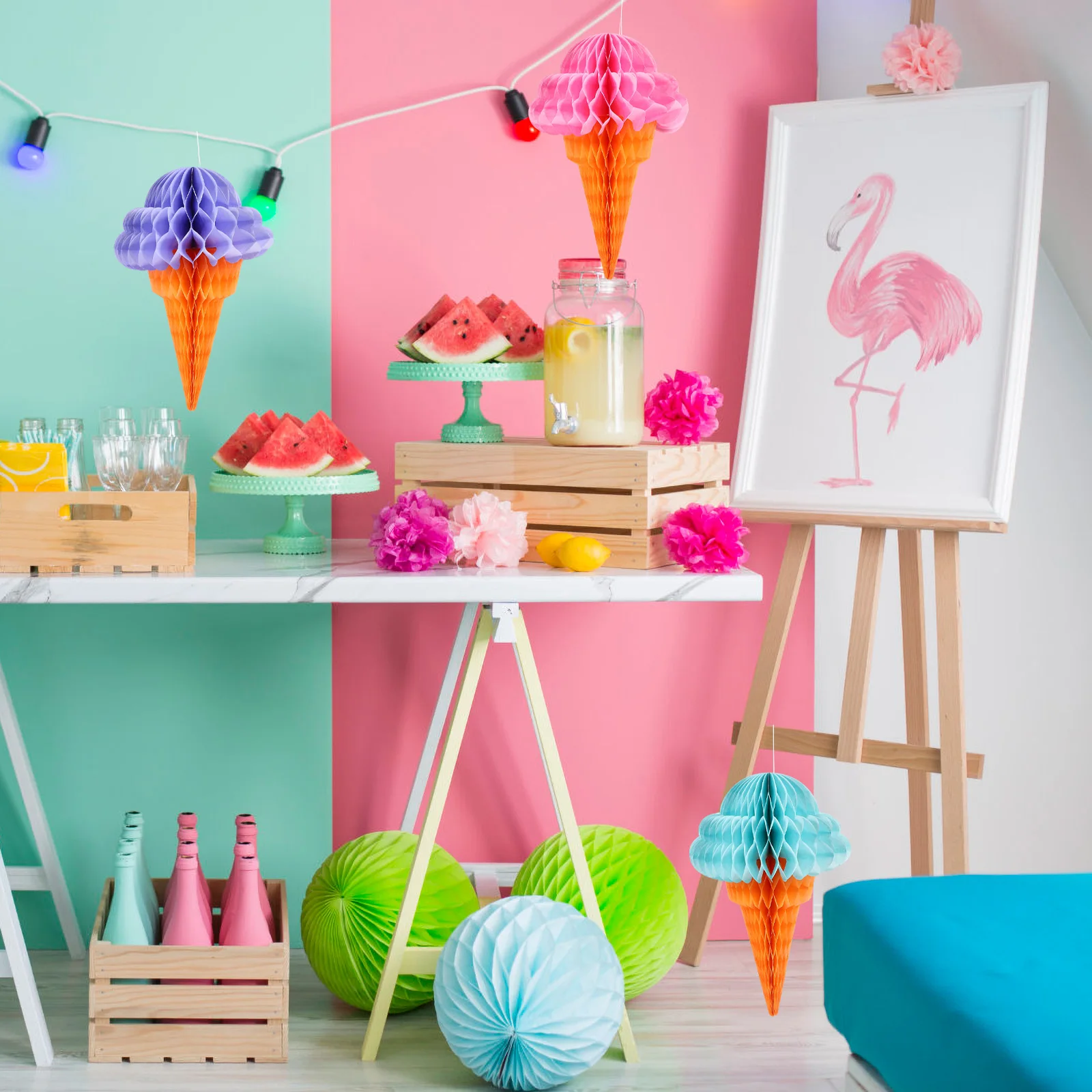 

3pcs Ice Cream Shaped Honeycomb Ball Pendants 32cm Purple Blue Pink Decor for Party Photoshoot Background