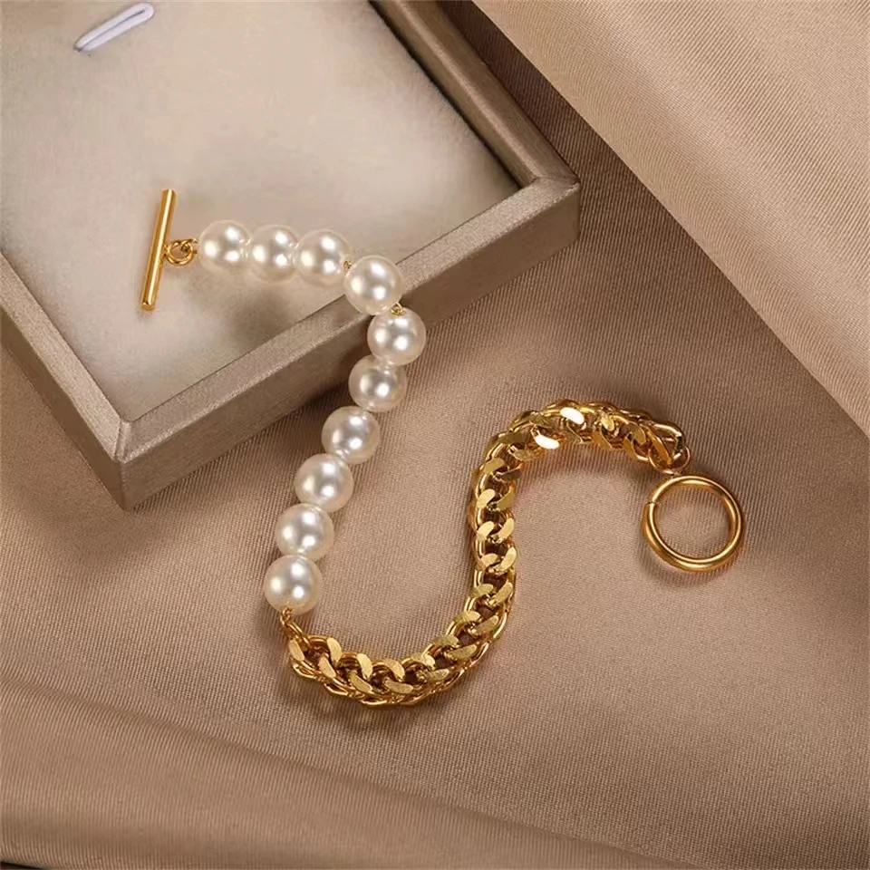 New 316L Stainless Steel Half Chain Pearl Bracelet for Women Men Keel Kpop Jewelry Accessories Aesthetic