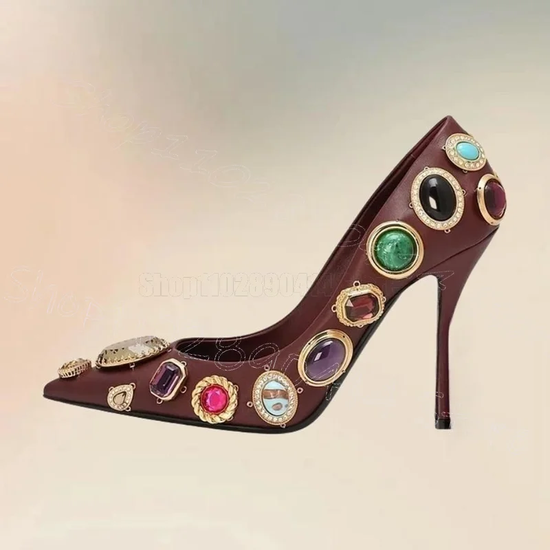 컬러풀 크리스탈 스톤 얕은 포인트 토 펌프스 슬립온 여성 신발 얇은 하이힐 파티 연회 데이트 2025 여성용 신발