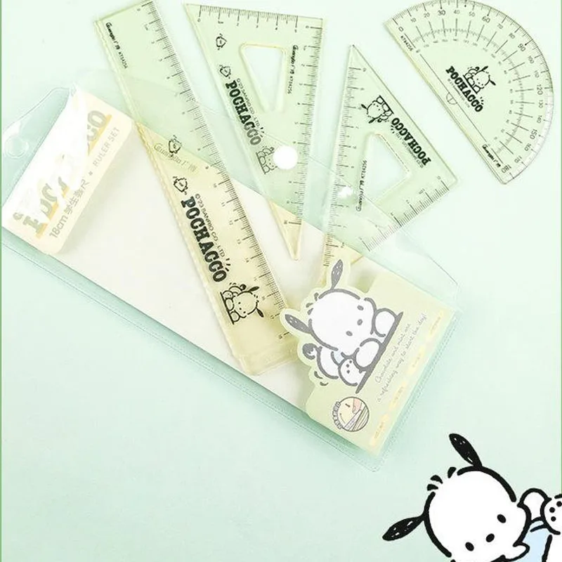 4pcs Sanrio Pochacco Straight Ruler Kawaii Multifunctional Combination Ruler Triangle Protractor School Drawing Stationery Set