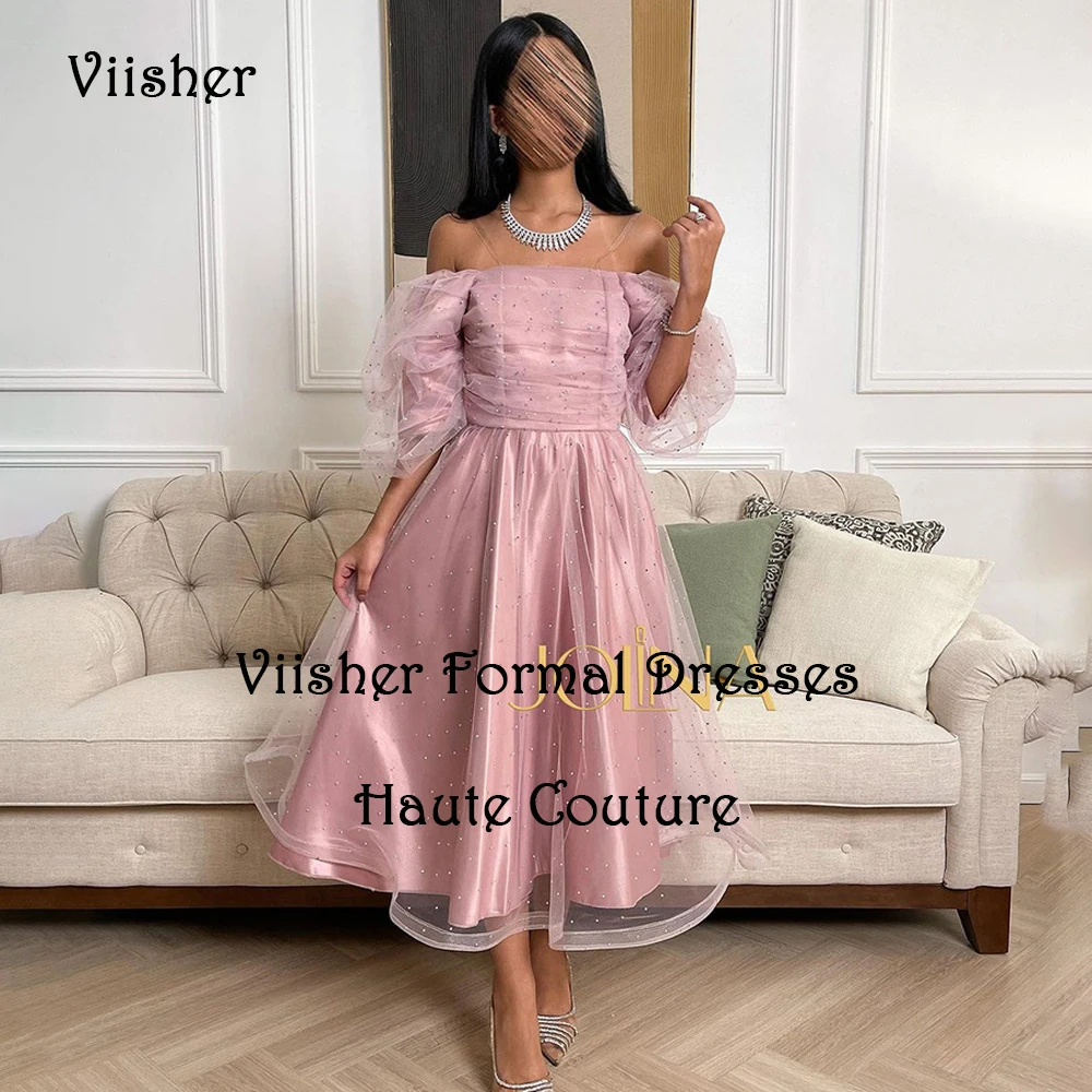 

Dusty Pink A Line Evening Dresses for Women Pearls Tulle A Line Prom Dress Ankle Length Arabian Dubai Formal Gowns