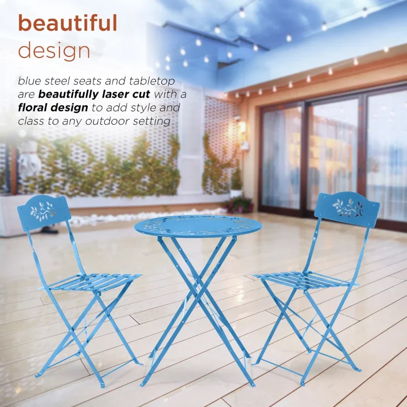 Corporation 3-Piece Metal Floral Patio Bistro Set with Table and 2 Chairs, Blue patio furniture set outdoor