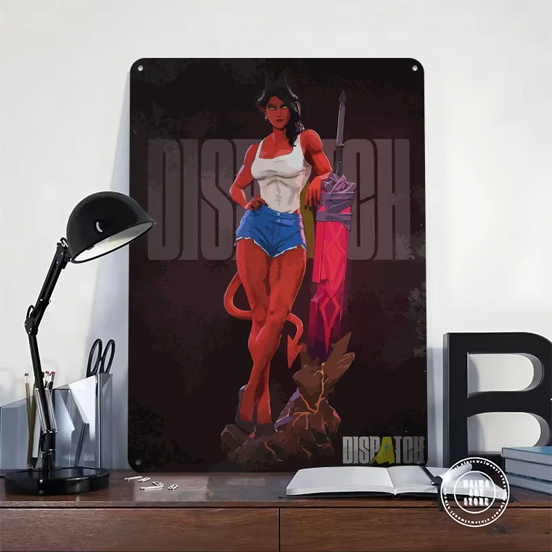 Red-skinned Demon Girl With Sword Personalized 3D Textured Metal Poster Wall Art Tinplate Sign for Home Decor Items Wand Deko