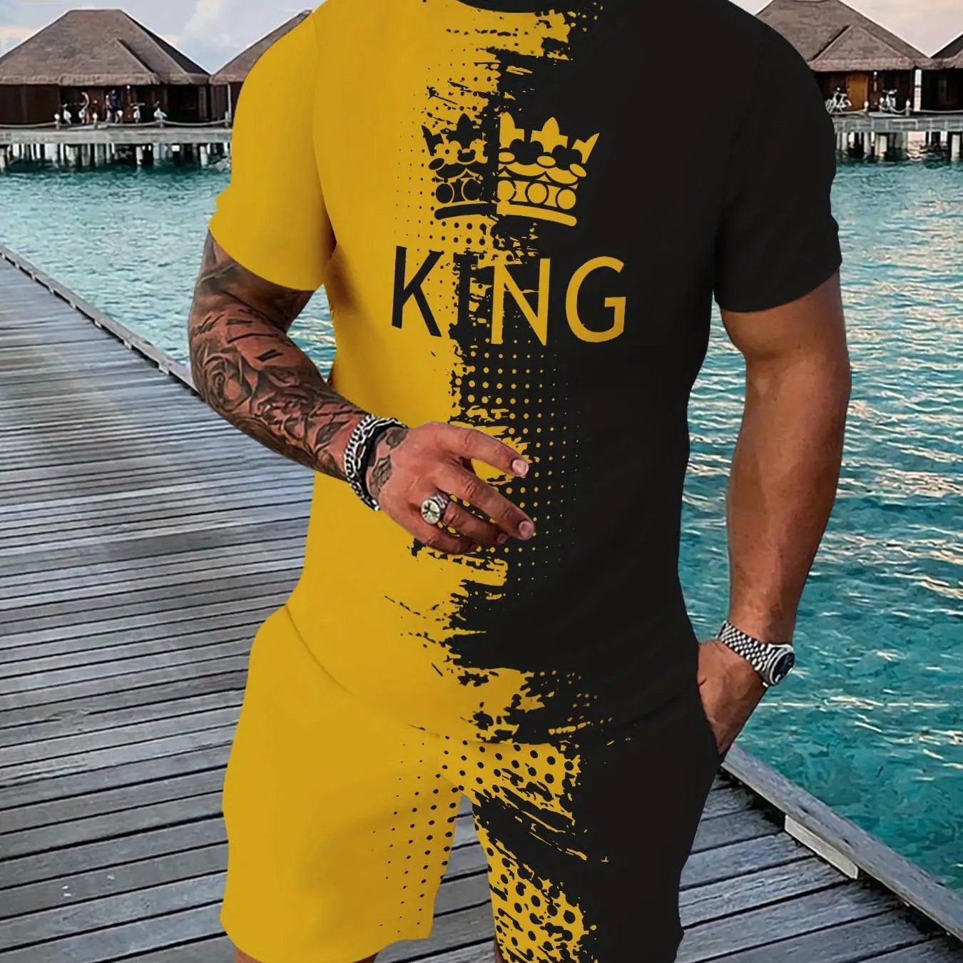 

2025 Summer hot-selling KING printed T-shirt shorts set breathable comfortable quick-drying casual sports fashion men's suit