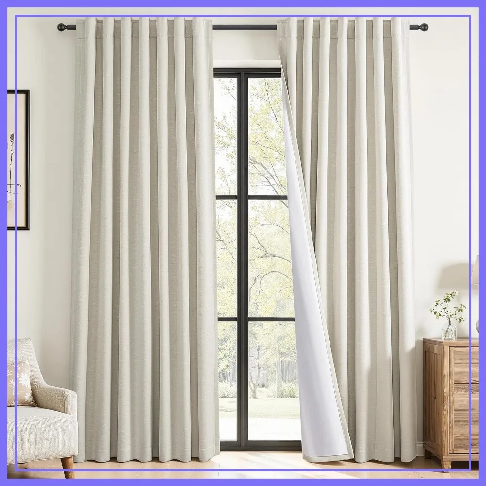 

84" Natural Linen Blackout Curtains, 100% Light Blocking Pinch Pleated Panels for Sliding Door, Cream Beige 52"Wx84"L