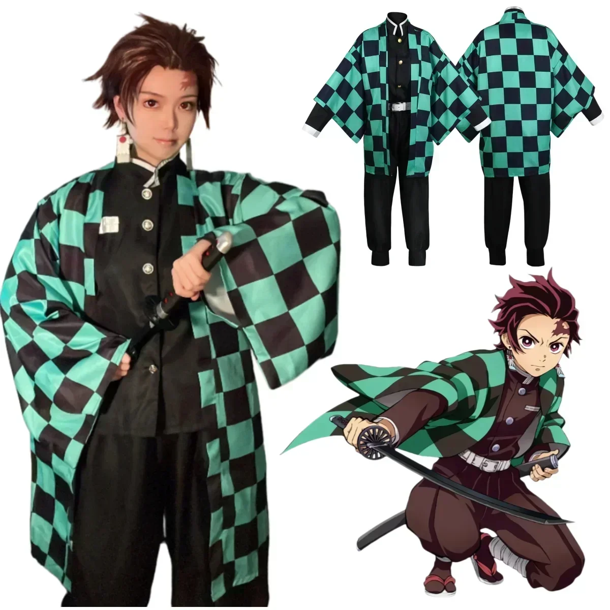 

Tanjirou Kamado Costume Anime Cosplay Men Kimono Uniform Halloween Party Demonias Women Clothes Kids