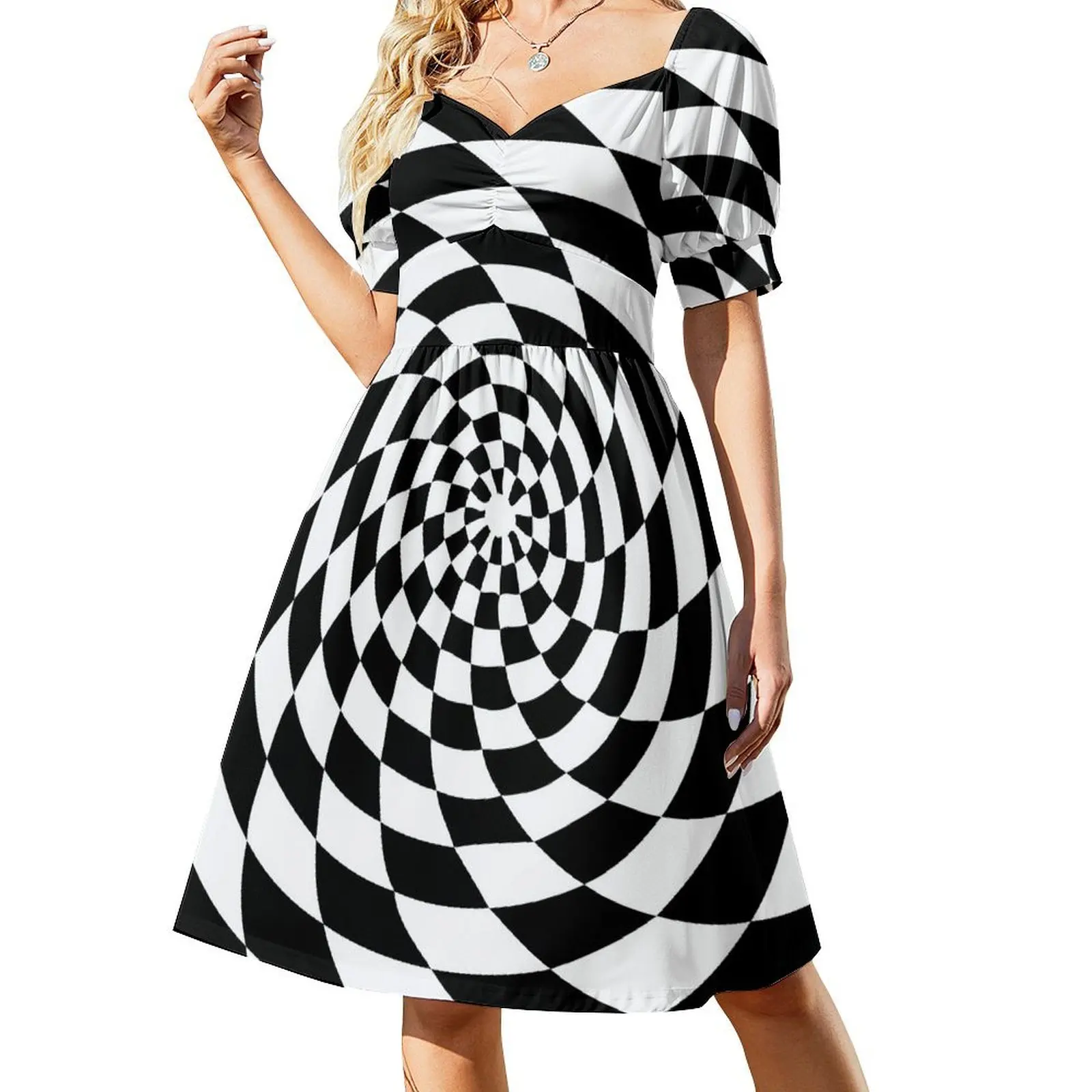 Optical Illusion Op Art Black and White Short Sleeved Dress elegant women's dresses sale women's clothing korea stylish Dress