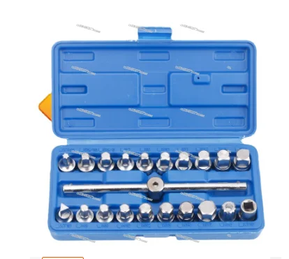 21PCS Oil Drain Pipe Plug Socket Set Oil Pan Screw Sleeve Wrench 3/8-Inch Drive Sliding T-bar Removal Kit