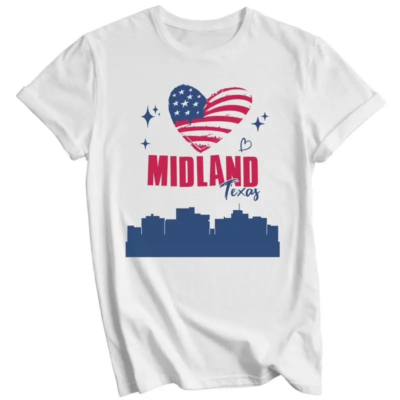 Midland Texas Skyline American Flag Heart 4th of July T-Shirt
