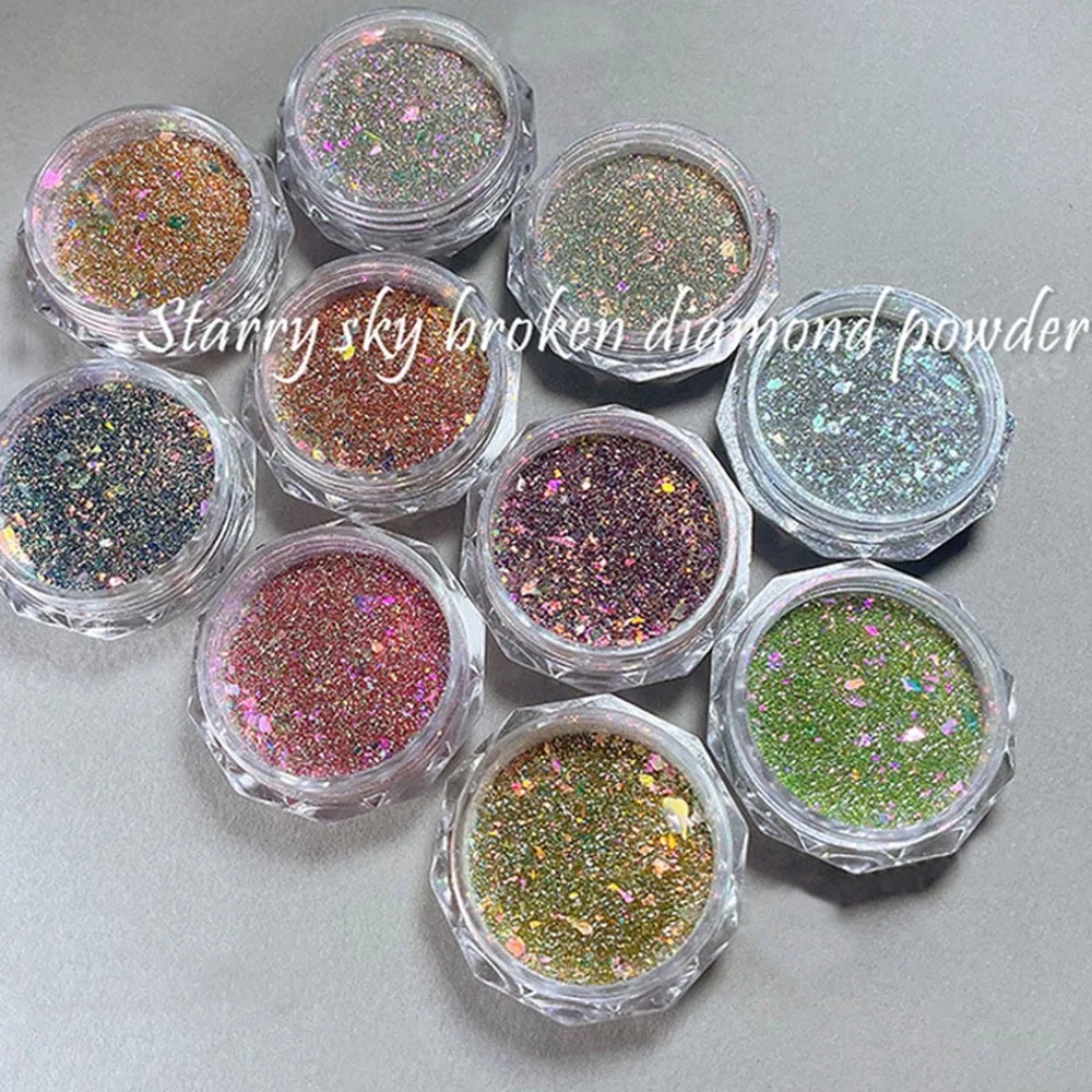 10 Colors Reflective Nail Chrome Pigment Broken Diamond Highlight Nail Powders for DIY Nail Decorations Super Bright Glitter