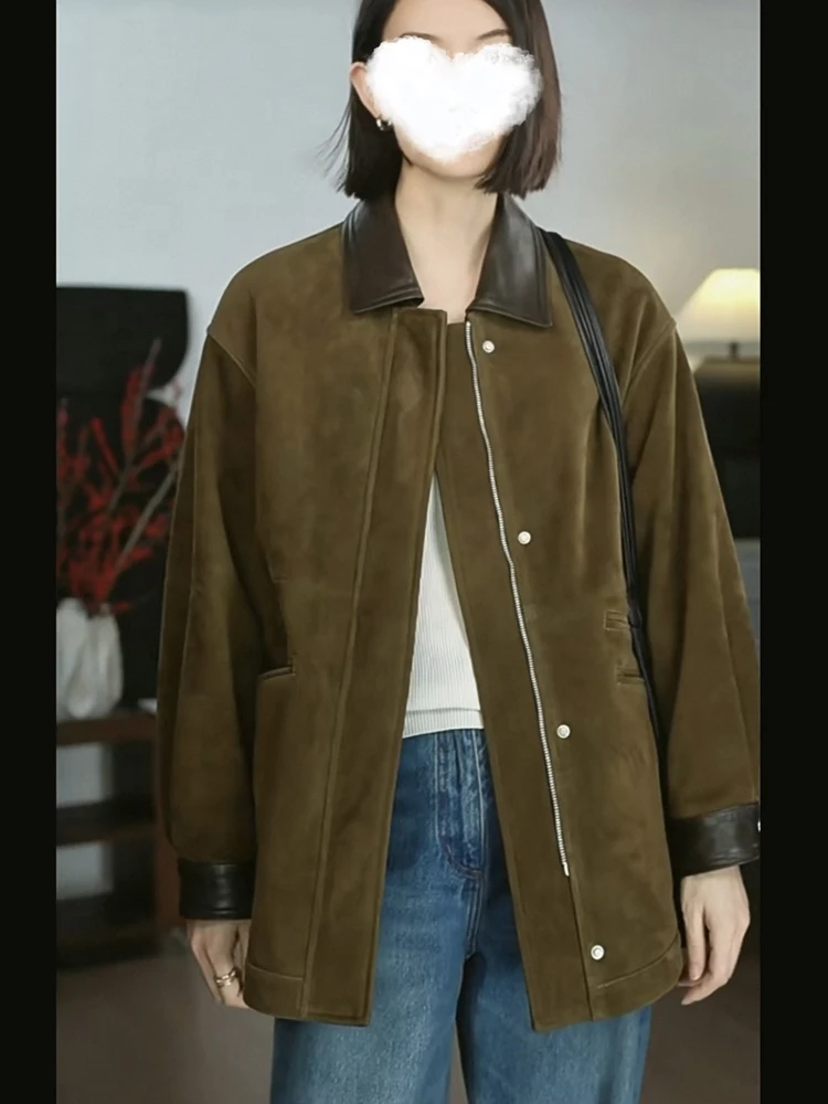 Braune Retro-Lederjacke für Damen, trendiger Kinder-Wildledermantel, Streetwear, Femini-Anzugkragen