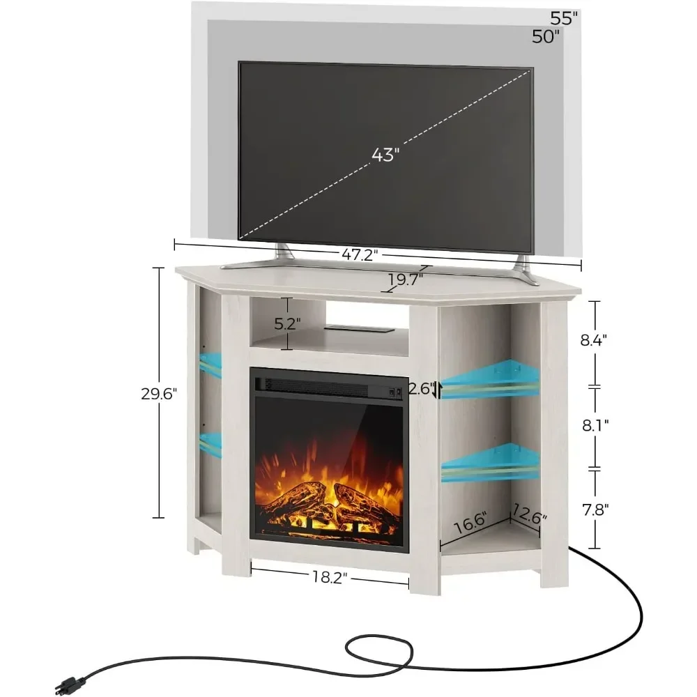 Fireplace Corner TV Stand for Max 47 Inch TV Stand with Power Outlets and LED Lights, Entertainment Center for Living Room