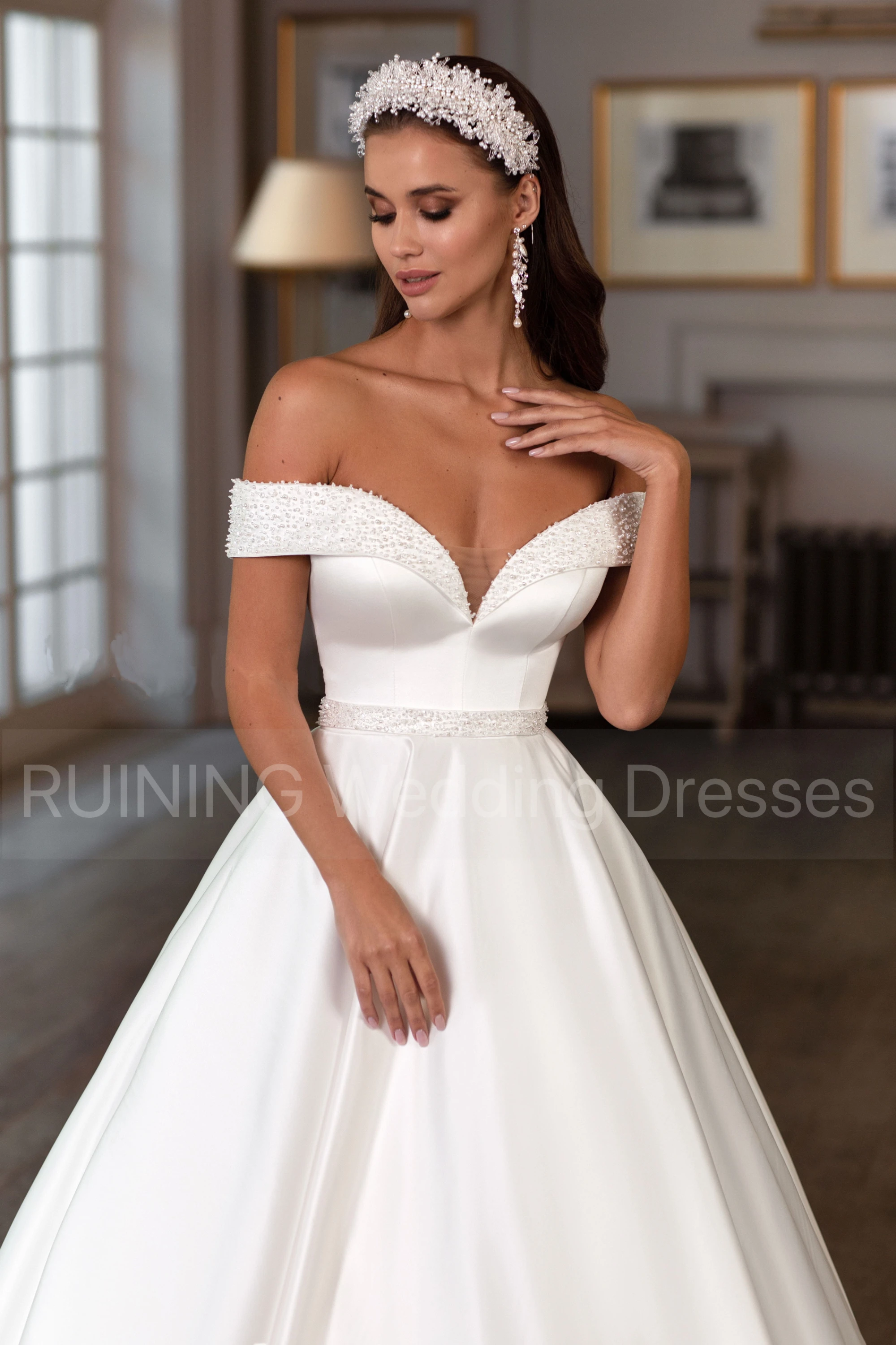 Eleganckie suknie ślubne z odkrytymi ramionami, zdobione koralikami, z szarfami, o kroju litery A, długie suknie ślubne dla kobiet, suknie na przyjęcia, suknie wieczorowe 2025