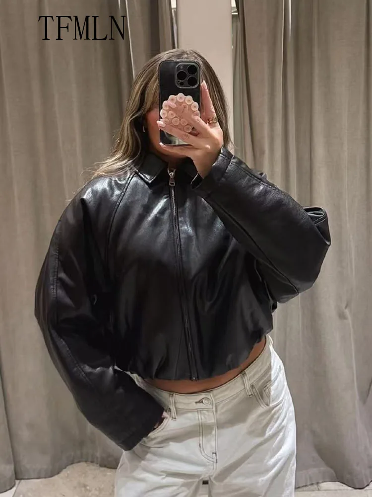 

Retro Women Faux Leather Jackets Fashion Causal Lapel Long Sleeve Loose Coats Vintage Female Zipper Street Outwear 2025 Autumn