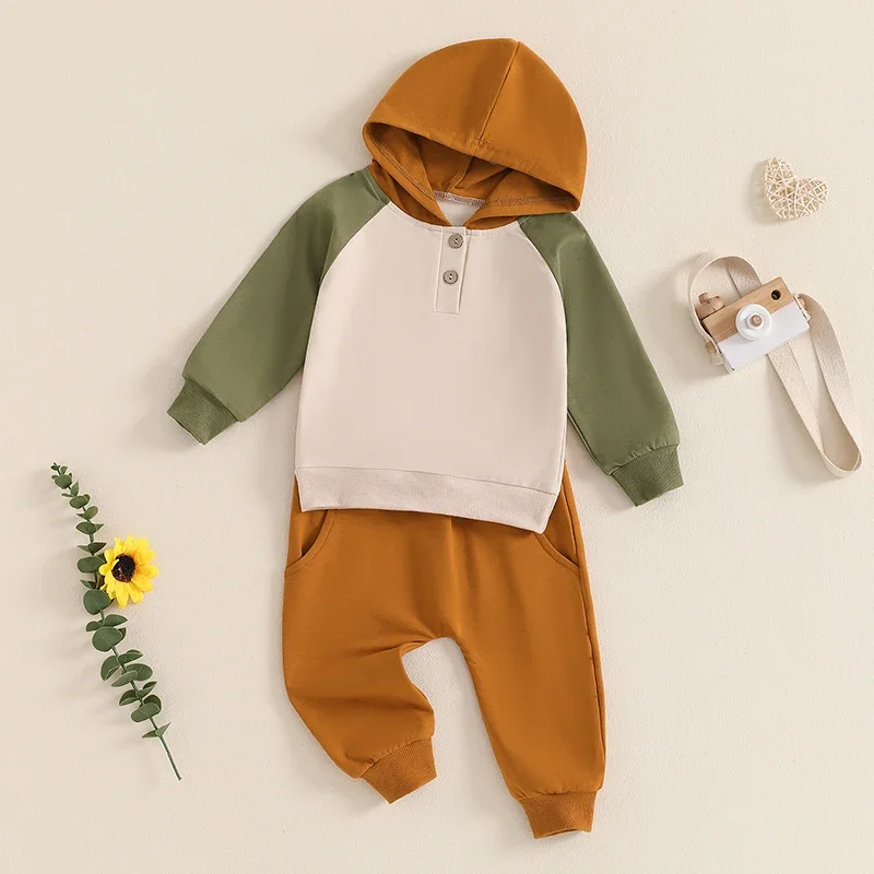 Toddler Boys Fall Outfits Hoodies Contrast Color Long Sleeve Buttons Hoodies Hooded Sweatshirts and Long Pants 2Pcs Clothes Sets