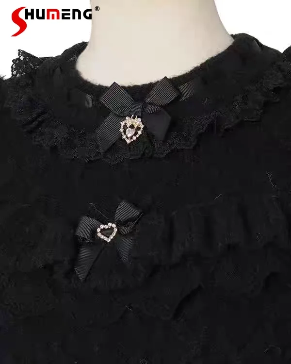 

Японские милые свитера в стиле Лолита с кружевными вставками, пушистые, с открытыми плечами, с длинными рукавами, кавайные вязаные пуловеры для женщин