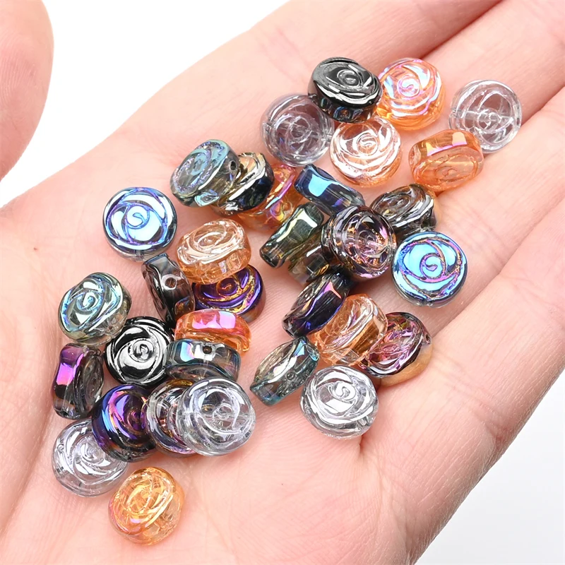 10MM Crystal Rose Beads Round Flat Glass Pendant Beads DIY Hairpin Beaded Bracelet Chain Accessories  Material 30pcs/Pack