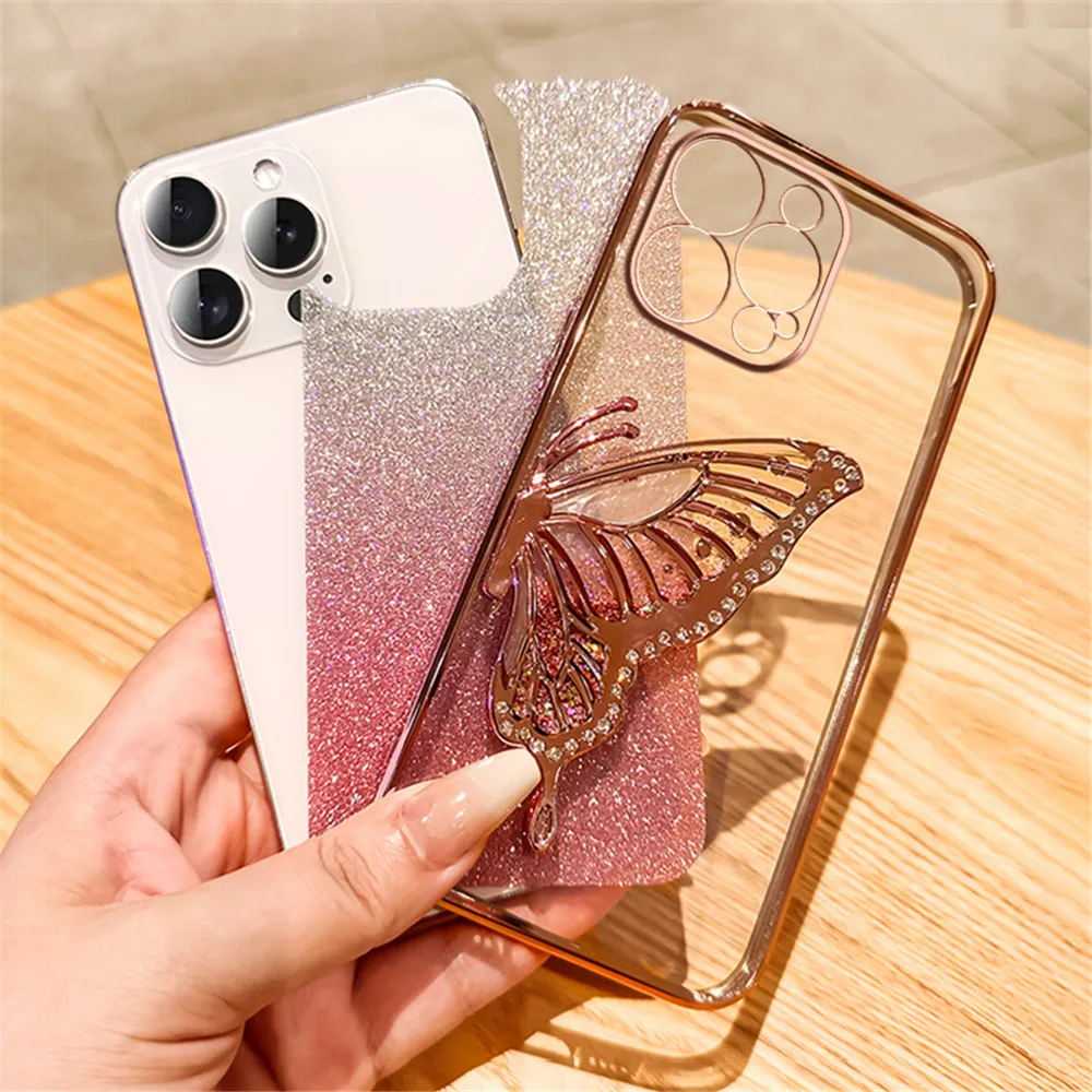 Gradient Glitter Butterfly Quicksand Plating Phone Case For iPhone 15 11 12 13 14 Pro Max Mini X XS Max XR 7 8 Plus Soft Cover